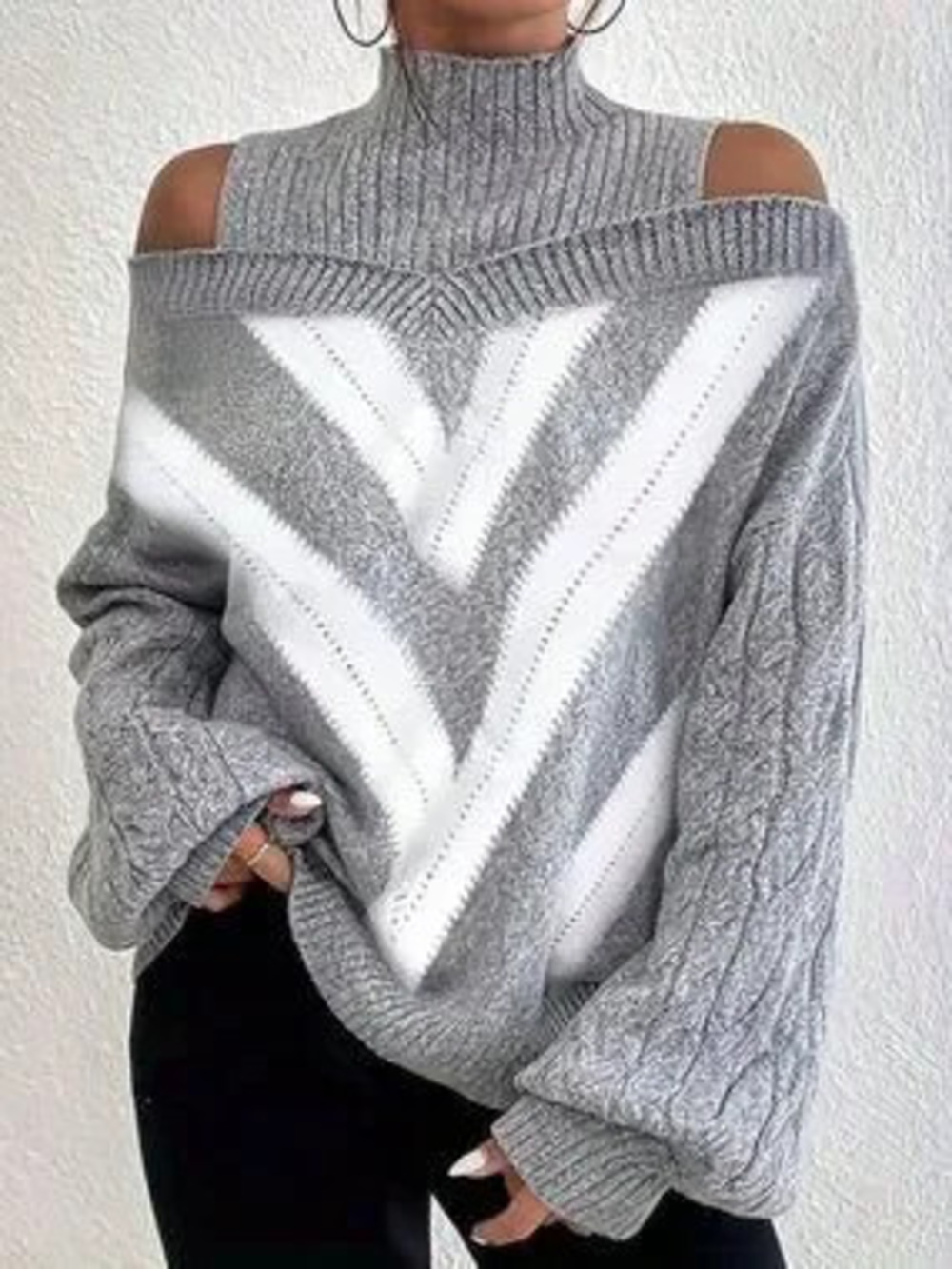 ZARA Grey Casual Women's Loose Off Shoulder Turtleneck Cable Knit Pullovers
